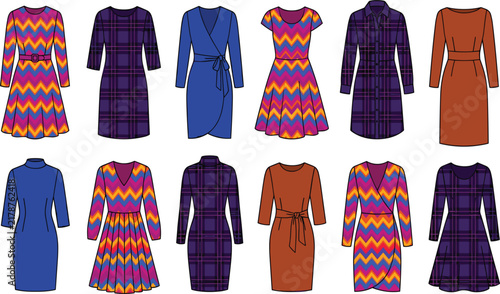 Women Patterned Dress and Fashion Apparel Vector Illustration Collection Set with Chevron Plaid and Flat Color Garments for Retail Boutique Store Graphic Designs