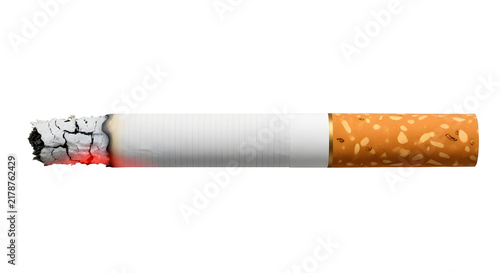 A single lit cigarette with a burning ember and orange filter glowing on the tip