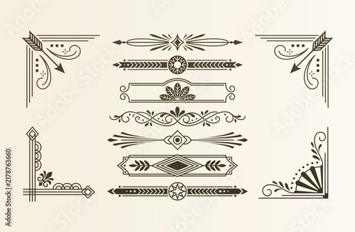 Decorative corner flourishes and text dividers with classic floral motifs for professional document styling.