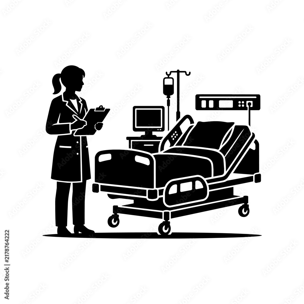 Fototapeta premium Doctor checking patient in hospital ward silhouette