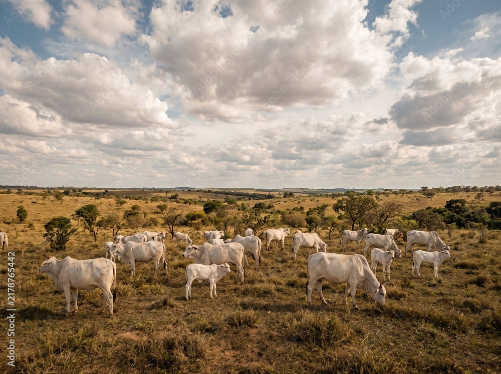 Obraz premium Large herd of white Nelore cattle grazing in a vast pasture under a dramatic cloudy sky on a rural ranch, highlighting livestock farming, agriculture, and beef production.