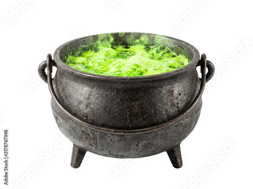 Bild auf Leinwand Old cast iron cauldron filled with bubbling neon green potion features realistic