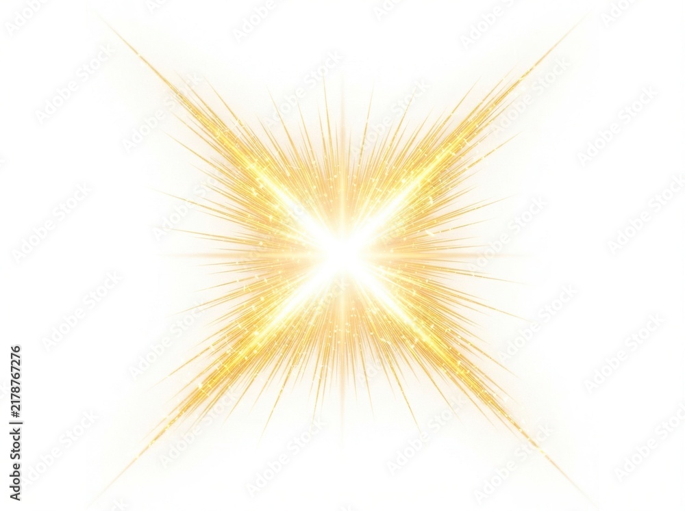 Obraz premium Golden starburst light effect with sparkles and rays isolated on white background