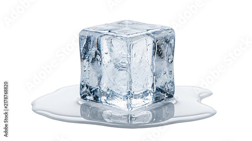 Photography Single crystalline ice cube with fresh melting water droplets captured in high r