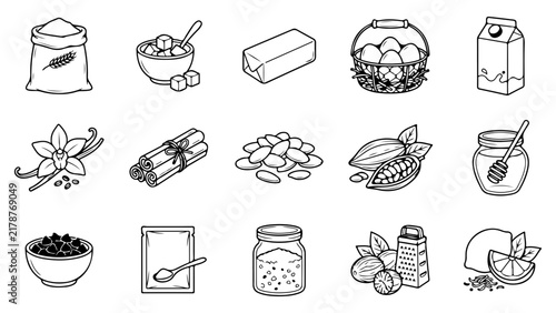 Set of black and white line art icons featuring various baking ingredients and cooking supplies