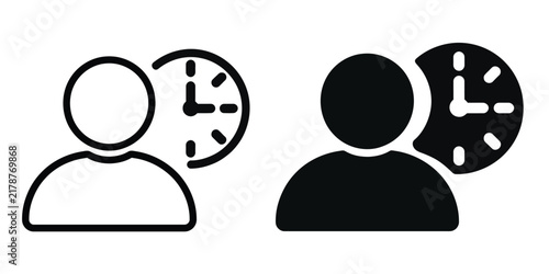 user overtime and time management icon, person clock symbols for work hours and productivity