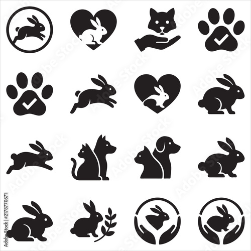 Animal protection and cruelty free icons set vector illustration with rabbit icons pet care vegan sign organic vector bio label paw print eco symbol natural badge environment sustainable