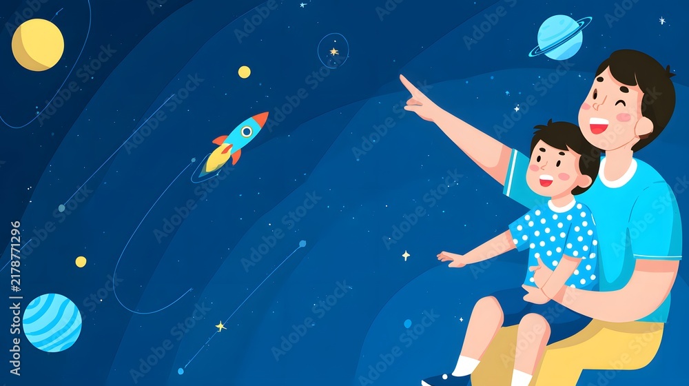 Naklejka premium Father Carrying Son on Shoulders Pointing at Stars Illustration. Dad Carrying Boy on Shoulders Stargazing Together. Father and Son Looking at Planets and Rocket in Outer Space