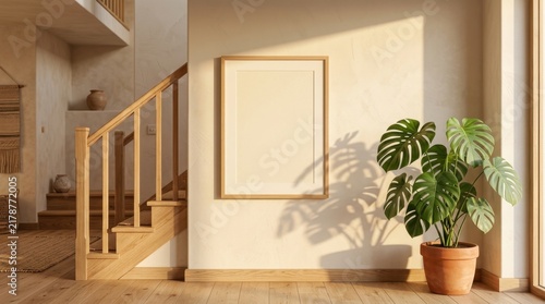 Blank wooden picture frame mockup hanging on a beige wall in a warm minimalist interior next to a potted monstera plant and wooden staircase with soft sunlight shadows.