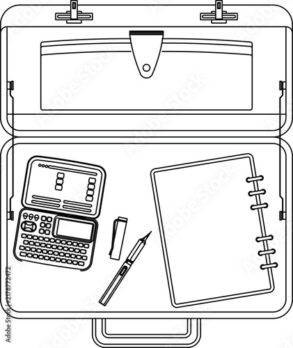 Foto Technical top-down bird's-eye plan view vector illustration of an open briefcase