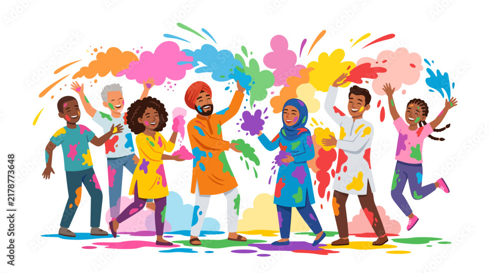 Fototapeta premium A diverse group of people joyfully celebrating with vibrant colored powder, splashing and smiling