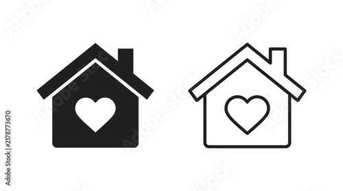 House with heart shape icon black and line art versions