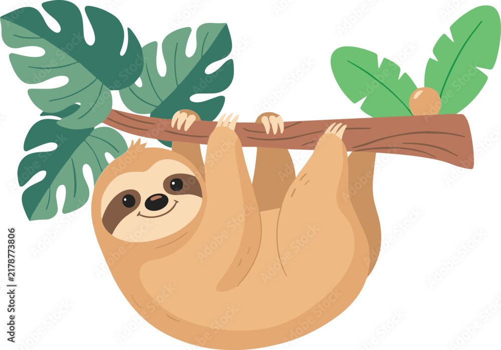 Fototapeta premium Cute Sloth Hanging from Tropical Tree Branch Vector Illustration