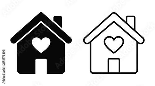 House with heart shaped window black and white line icon set