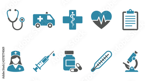 Medical icons depict healthcare symbols and equipment on a white background