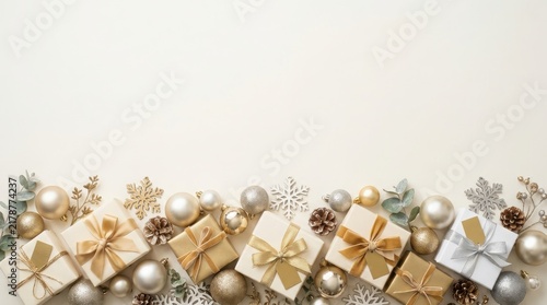 Christmas gift boxes and silver ornaments arranged as a decorative border on a light background
