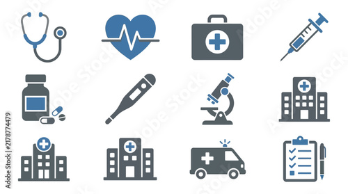 Collection of medical icons depicting healthcare tools and facilities