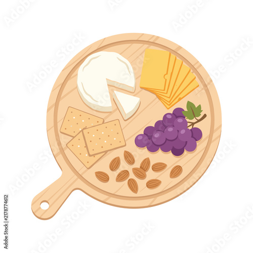 Cheese board with assorted snacks and grapes illustration