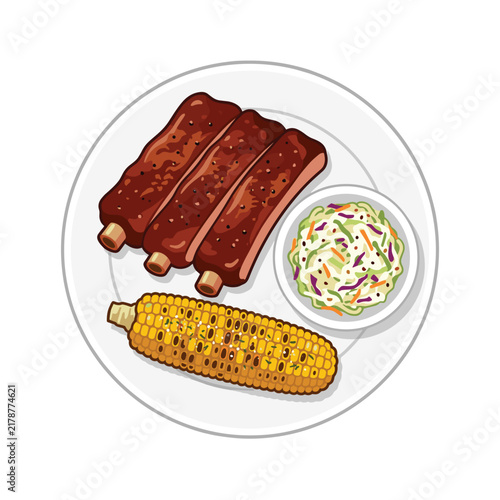 Barbecue ribs with corn on the cob and coleslaw plate