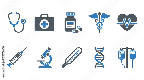 Medical icons depicting healthcare tools and biological elements flat vector style