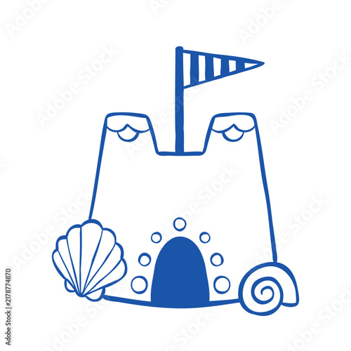 Outline vector illustration of a sandcastle with seashells and a flag. Clip art for summer design, prints, stickers, or posters. Stylized line drawing of beach activity for children.