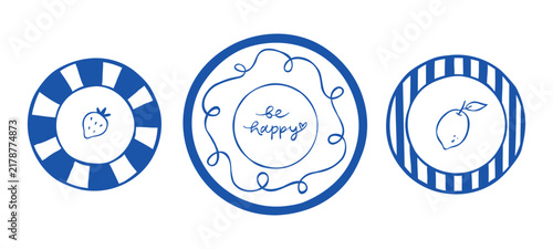 Collection of hand-drawn line art plates with cute decor. Сrockery in outline style isolated on a white background. Vector clip art for kitchen decor, textile prints, stickers.