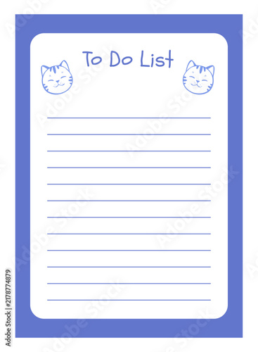 Flat vector to do list template with hand-drawn line art cats. Reminder paper sheet for print, journals, or digital designs. Cute planner, scheduler, or organizer.