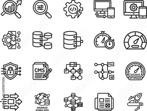 Search Engine Optimization And Web Development Line Icons Set Featuring Data Analytics Page Speed And Hosting Vectors