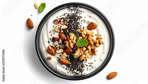 Realistic Greek yogurt parfait in a black bowl, isolated white background, top view, topped with almonds, walnuts, and chia seeds.