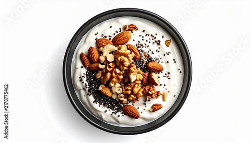 Realistic Greek yogurt parfait in a black bowl, isolated white background, top view, topped with almonds, walnuts, and chia seeds.