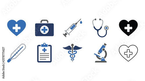 Medical icons depicting healthcare symbols and equipment on a white background