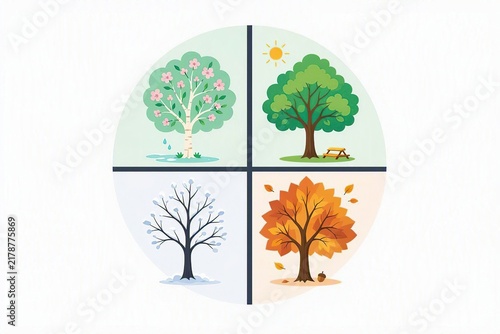 Circular vector illustration of four seasons showing spring, summer, autumn, and winter with trees on a clean white background.