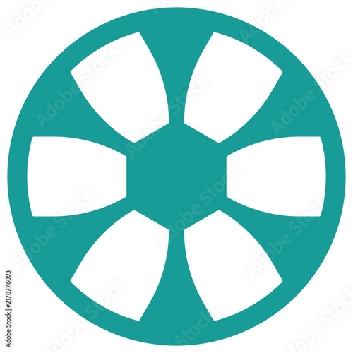 Teal circular geometric graphic symbol with hexagonal center and radiating curved spokes over checkered background for modern abstract logo design.