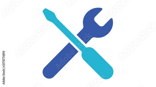 Crossed screwdriver and wrench a flat blue maintenance icon on white