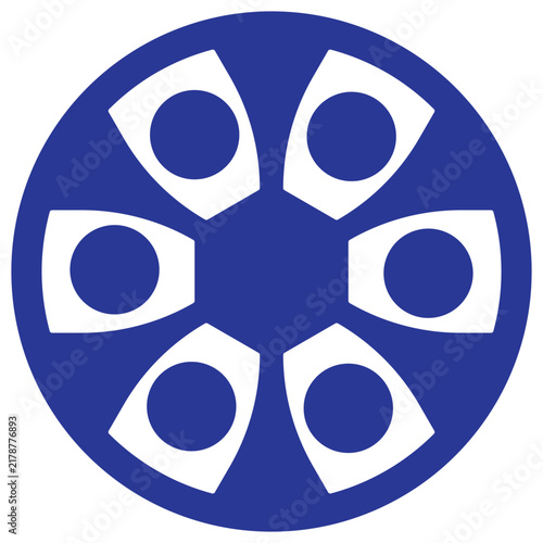 Complex blue geometric icon featuring circles inside radiating trapezoidal spokes and hexagonal center for advanced technological brand identity art.
