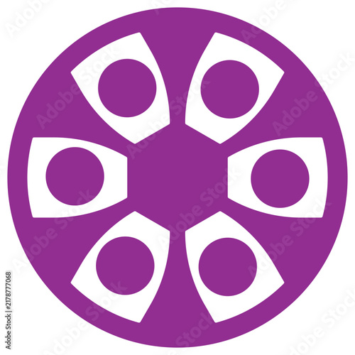Purple circular abstract design with repeating radial patterns featuring central hexagonal shape and six identical stylized circular elements isolated icon.