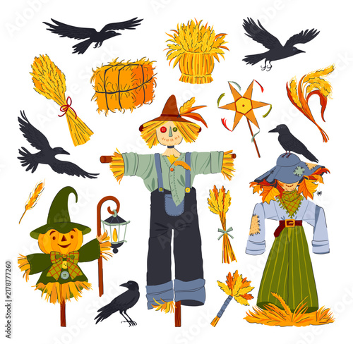 Autumn Harvest Festival Scarecrow Set with Wheat.