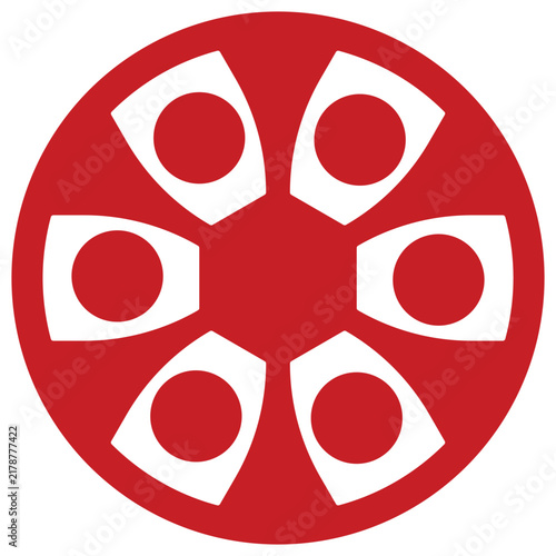 Red circular abstract design with repeating radial patterns featuring central hexagonal shape and six identical stylized circular elements isolated icon.
