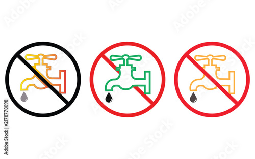 Set of colorful water tap prohibition signs with gradient effects isolated on transparent background for warning posters and water usage instructions.