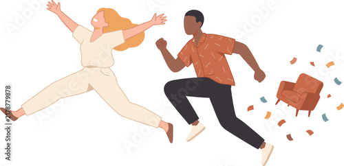 Excited Man And Woman Jumping With Joy And Confetti