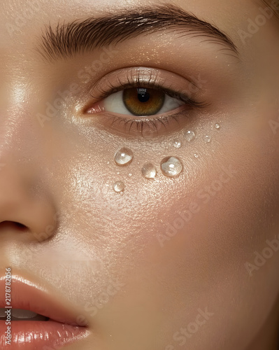 Macro close up of woman's face with water droplets under eye