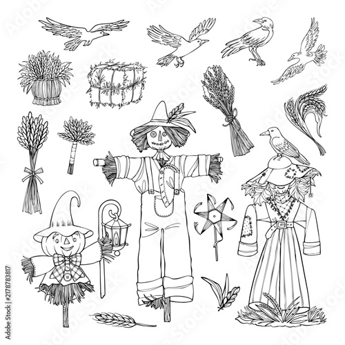 Black Outline Autumn Harvest Scarecrow Collection.