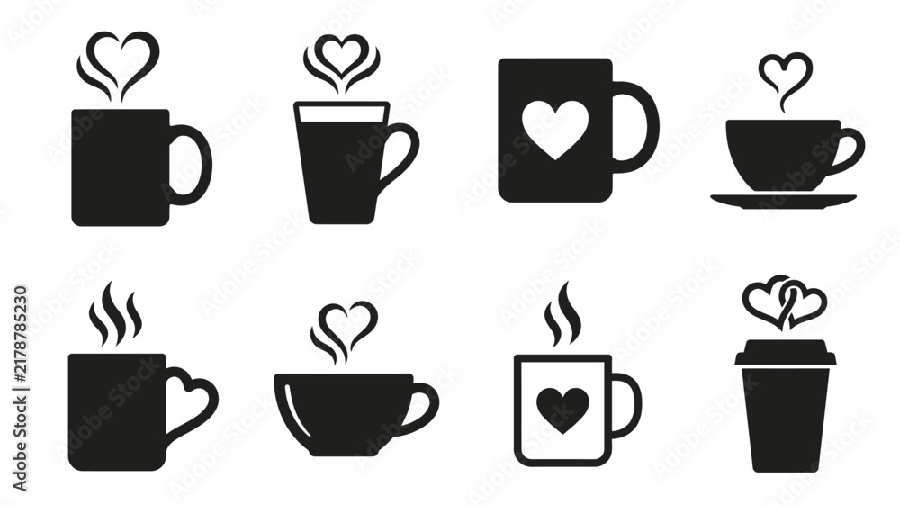 Obraz premium Collection of coffee cup silhouettes with heart shaped steam black on white