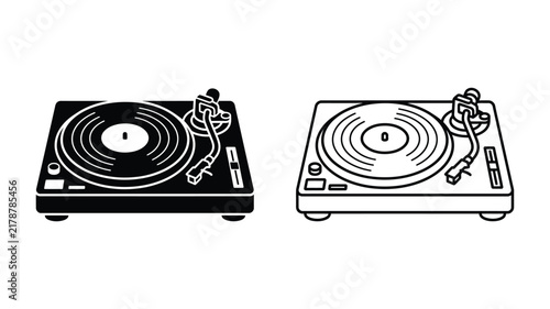 Two turntable silhouettes display vinyl record player design on white background silhouette