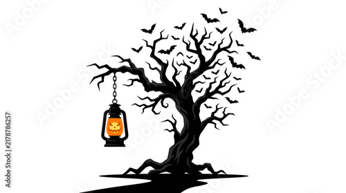 A spooky gnarled dead tree with a lantern and flying bats in a dark setting