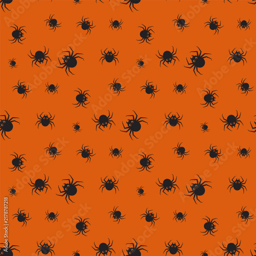 Small black spiders isolated on a yellow-orange background. Seamless pattern. Simple flat vector graphic illustration. Texture.