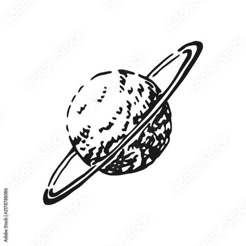 Hand drawn sketch of planet Uranus in outer space illustration.