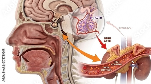Medical diagram of human head and torso showing acth hormone pathway from pituitary to adrenal glands with pituitary gland
