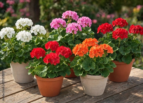 Colorful blooming potted geranium plants arranged on a wooden table outdoors