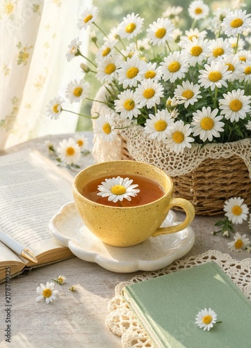 Cozy morning scene with daisy flowers in basket and yellow tea cup
